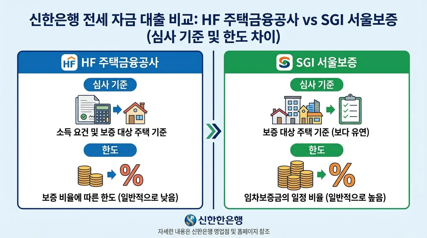 신한은행 전세 자금 대출 시 HF 주택금융공사와 SGI 서울보증의 심사 기준 및 한도 차이를 직관적으로 비교한 인포그래픽