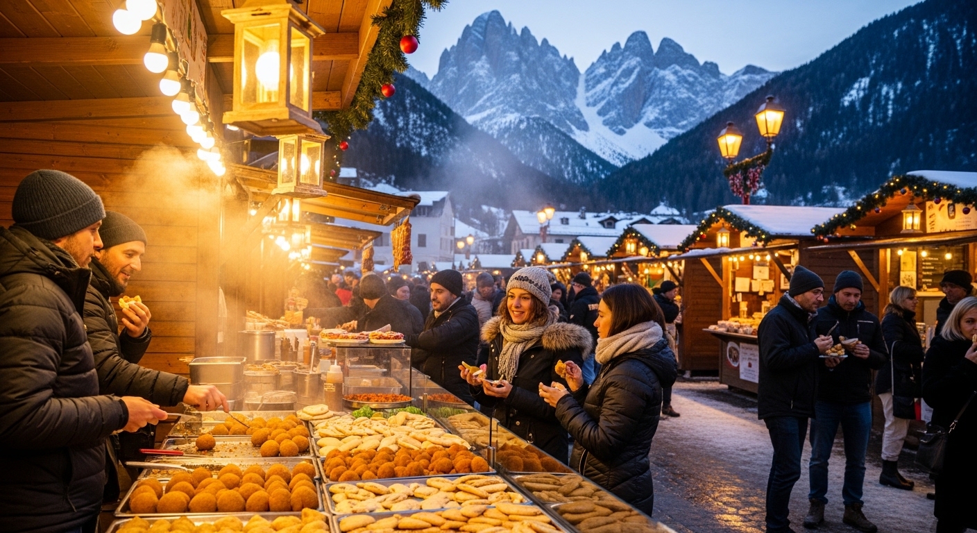 눈 덮인 돌로미테 산을 배경으로 활기 넘치는 코르티나 담페초 거리 음식 시장, 현지인과 관광객들이 다양한 이탈리아 길거리 음식을 즐기는 모습