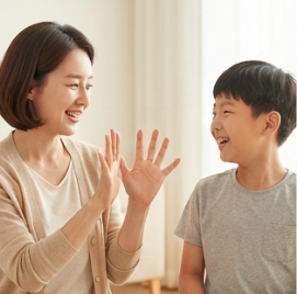 엄마와 아들이 줄넘기 개수 세며 마주보고 웃는 모습