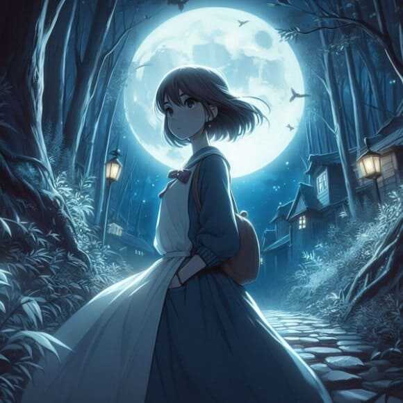 지브리 스타일의 보름달 앞 앞치마를 두른 단발 머리 여성의 전측면 이미지 