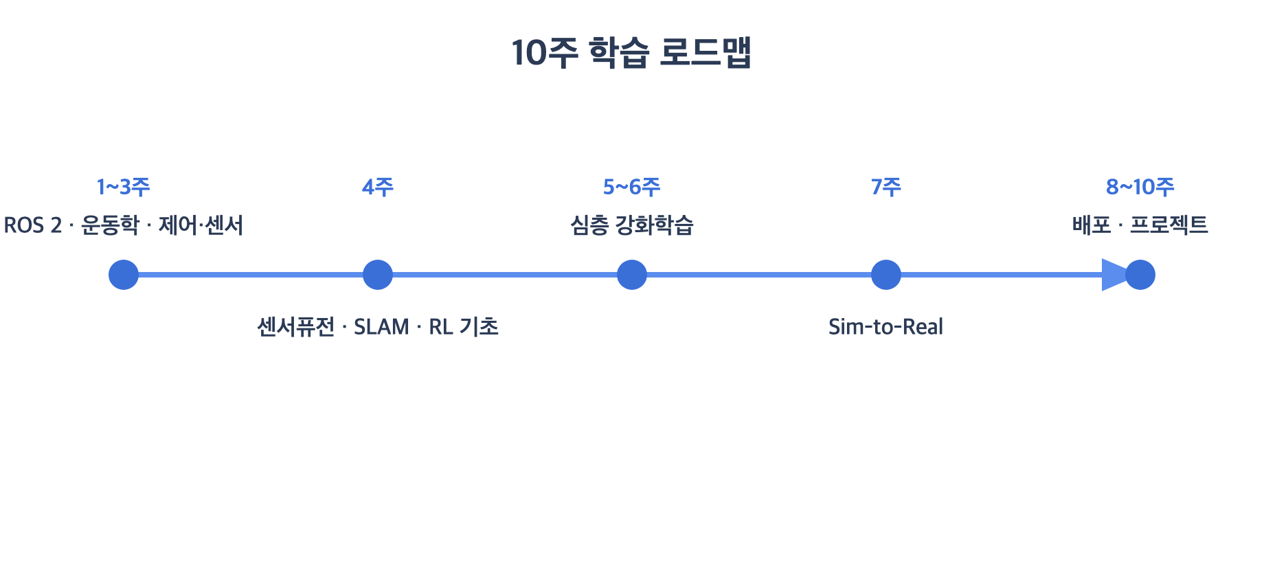 피지컬 AI 개요부터 ROS 2, 센서, 강화학습, 시뮬레이션, Sim-to-Real, 통합 프로젝트로 이어지는 학습 로드맵 타임라인