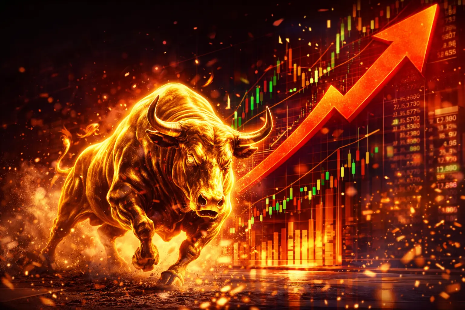 붉은색 상승 화살표와 톱니바퀴 황소 이미지 코스피 6000 돌파 삼성전자 20만 원 SK하이닉스 100만 원 주식 시장 급등 AI 반도체 수혜주 중개형 ISA 상장폐지 방어