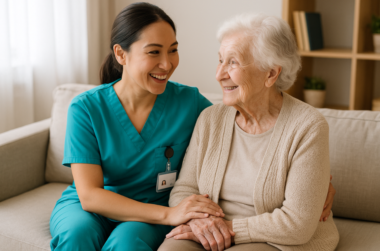 할머니를 돌봐드리는 요양보호사 사진