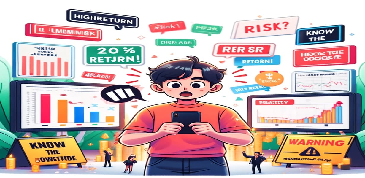 높은 수익률 문구에 유혹되지만 리스크를 인지하지 못한 초보 투자자의 모습