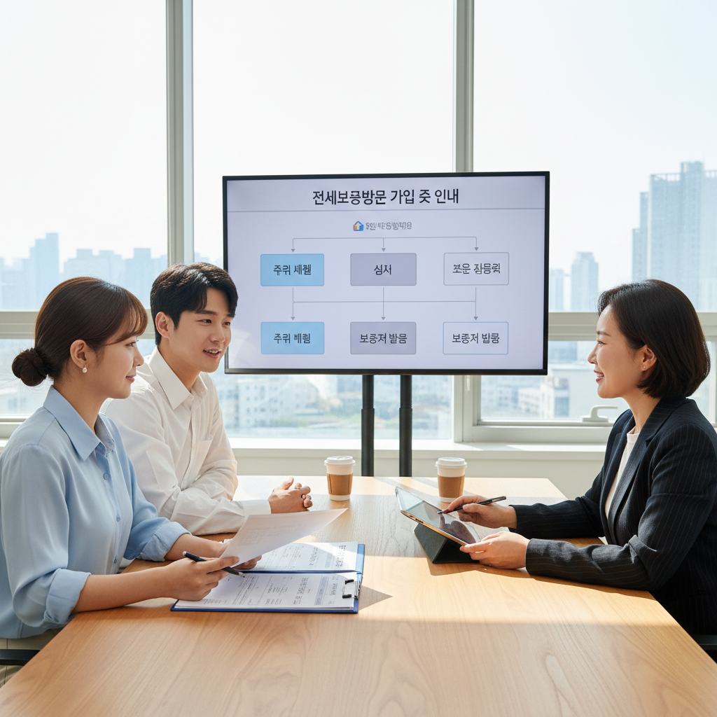 세입자가 전세보증보험 가입 서류를 제출하며 상담받는 장면