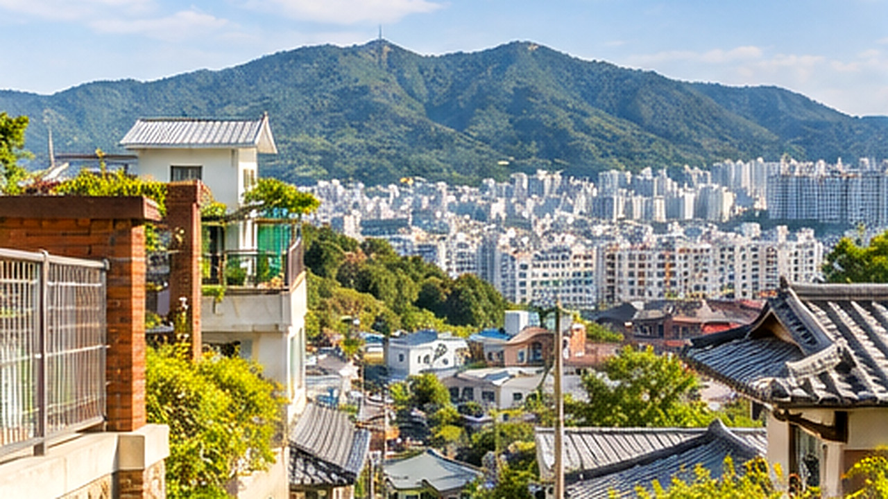산을 배경으로 주택과 아파트가 이어진 지역 주거지 풍경