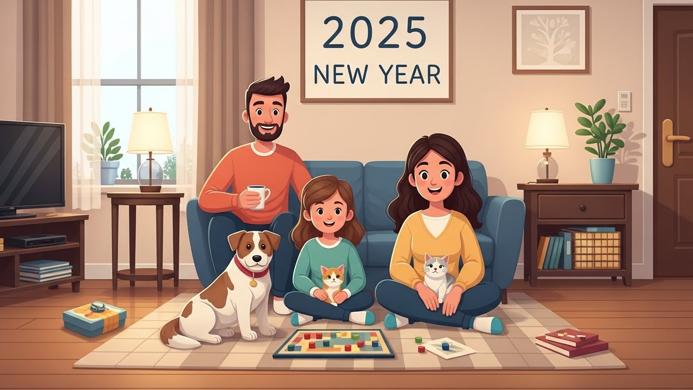 연말연시 반려동물과 함께 집에서 평화로운 시간을 보내는 가족