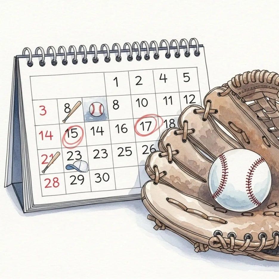 다가오는 야구 경기 일정을 보여주는 달력과 야구용품