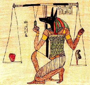 심장 무게를 다는 부분만 확대한 그림입니다. 왼쪽에는 심장이, 오른쪽에는 깃털이 있습니다.