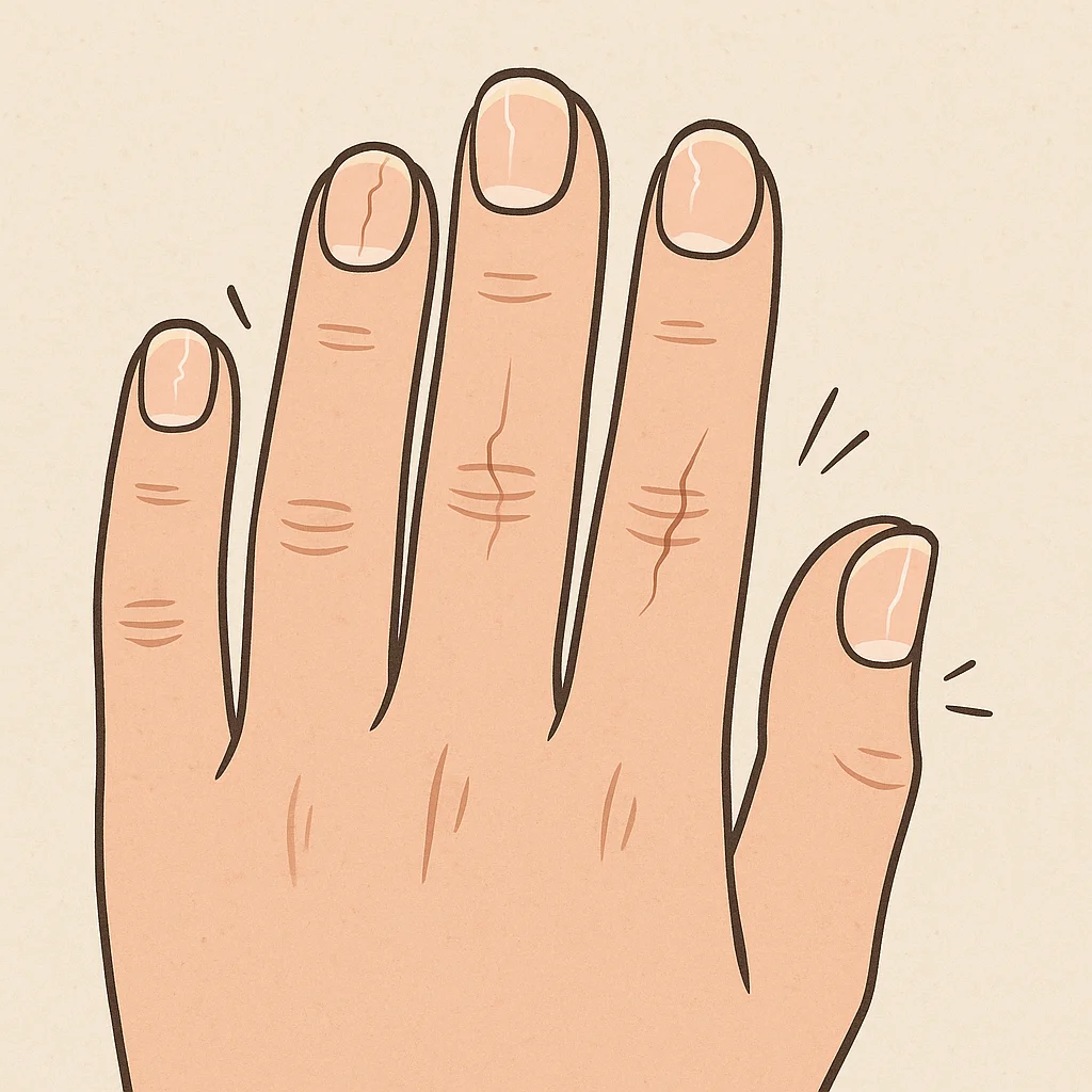 손톱이 갈라진 손을 보여주는 일러스트, 손톱이 자주 갈라지는 이유를 시각적으로 표현