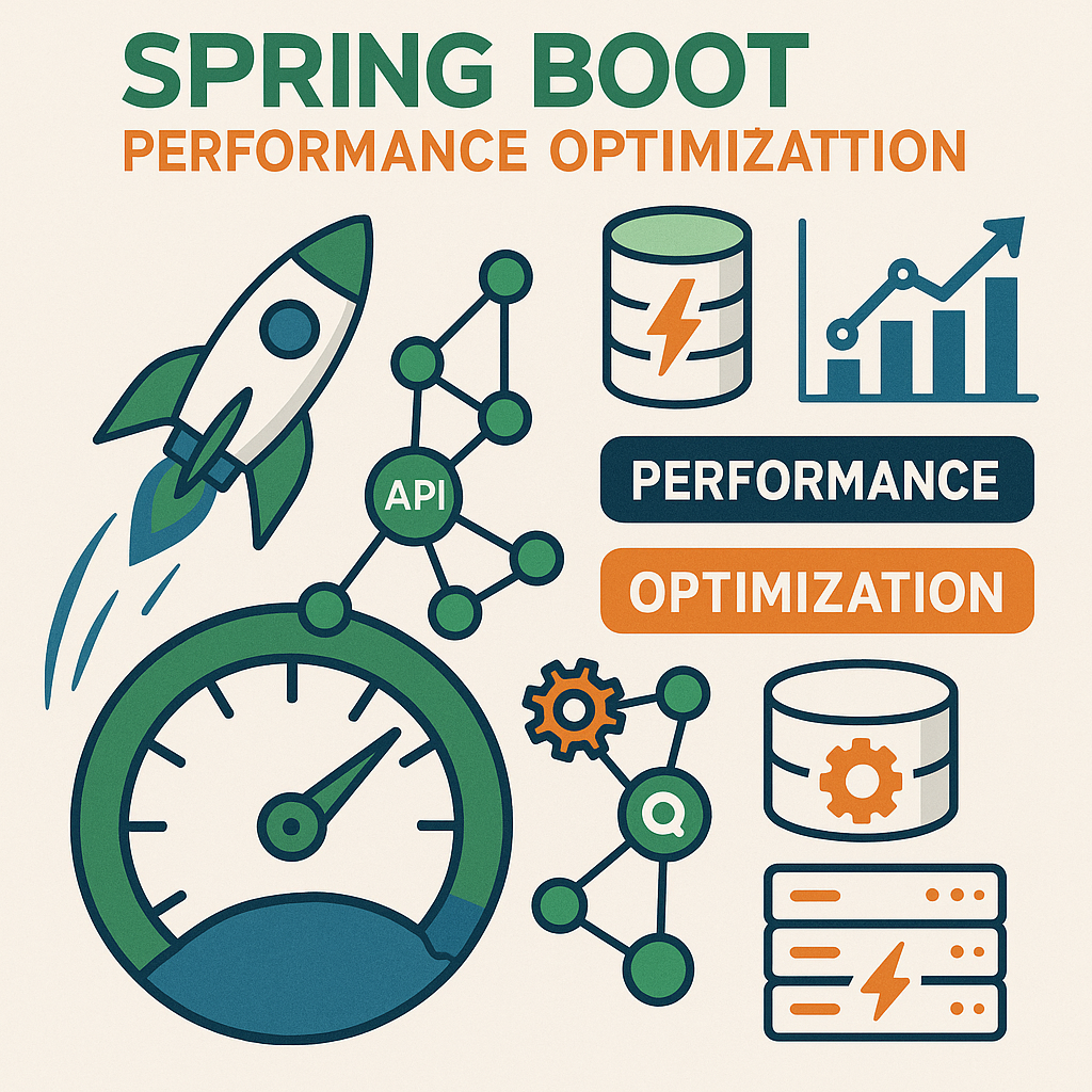 Spring Boot API performance optimization illustration showing database tuning, caching strategies, and JVM optimization techniques