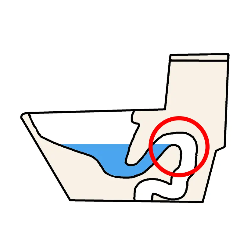 트랩 윗부분에 물건이 걸려서 변기가 막힌 경우를 표현하는 그림