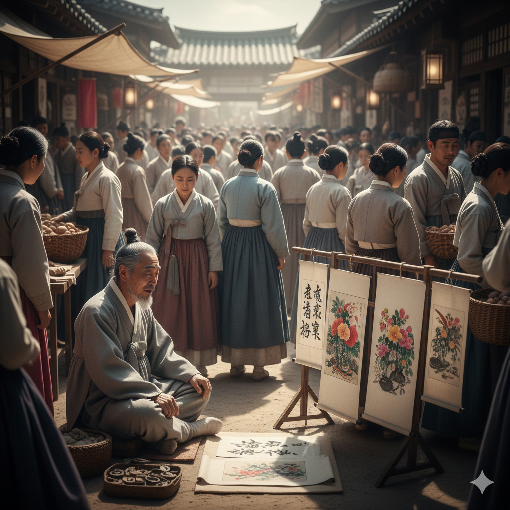 조선 시대 장터에서 화가가 자신의 그림을 펼쳐놓고 앉아 있으나 행인들이 눈길도 주지 않고 무심하게 지나치는 풍경