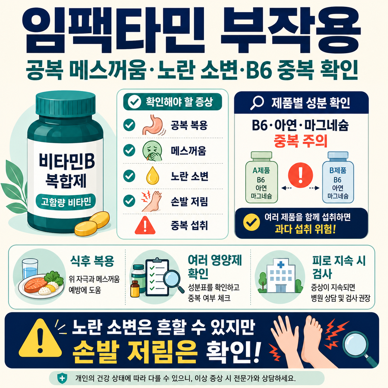 임팩타민 제품별 비타민B 함량, 공복 메스꺼움, 노란 소변, 비타민B6 장기 과량을 확인하는 카드형 이미지