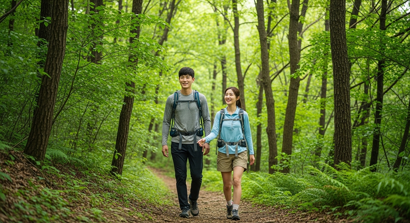맑은 한국 숲길에서 함께 하이킹하며 자연을 즐기는 30대 한국 남녀
