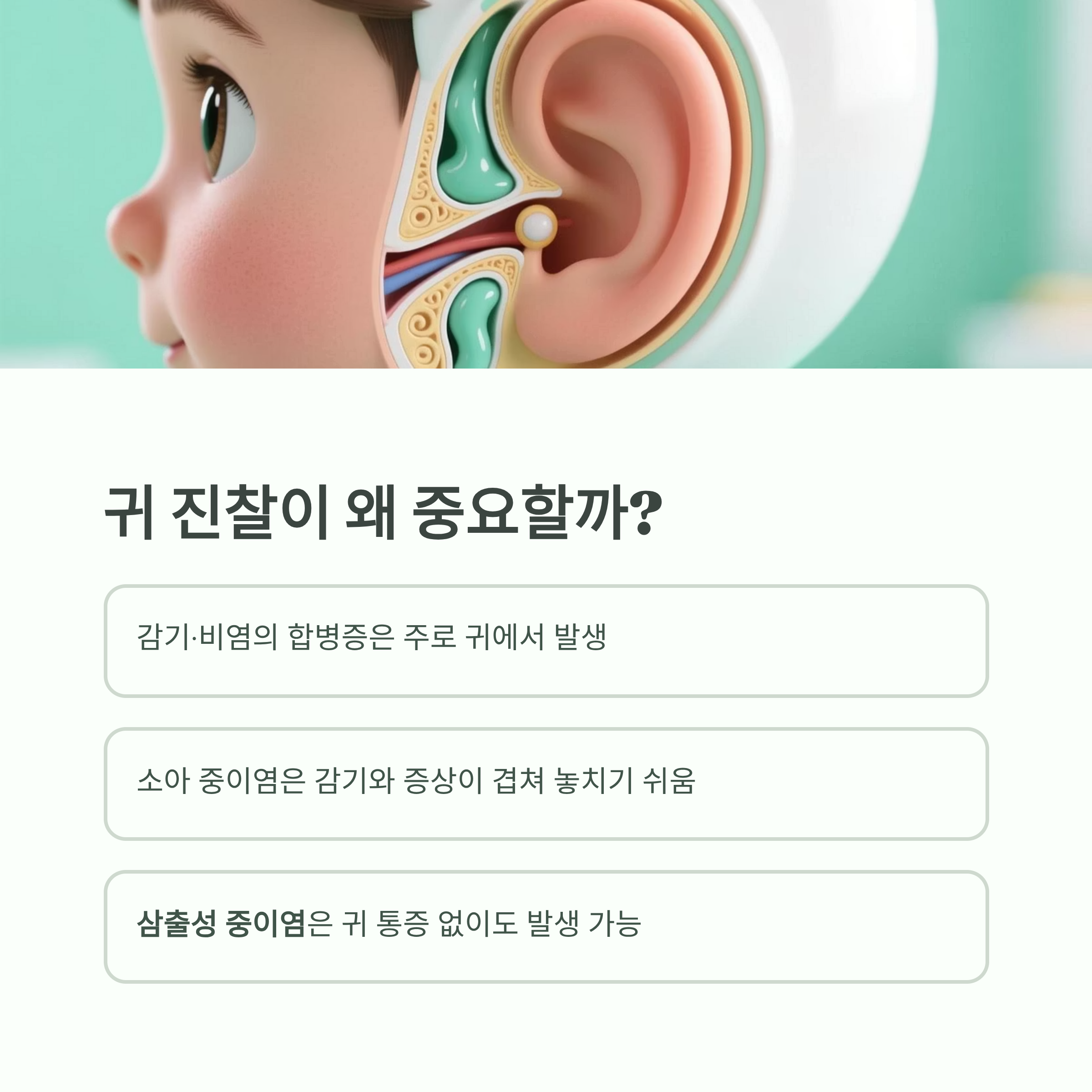 귀 단면 그림과 함께, 귀 진찰의 중요성(합병증, 중이염, 삼출성 중이염) 안내 인포그래픽