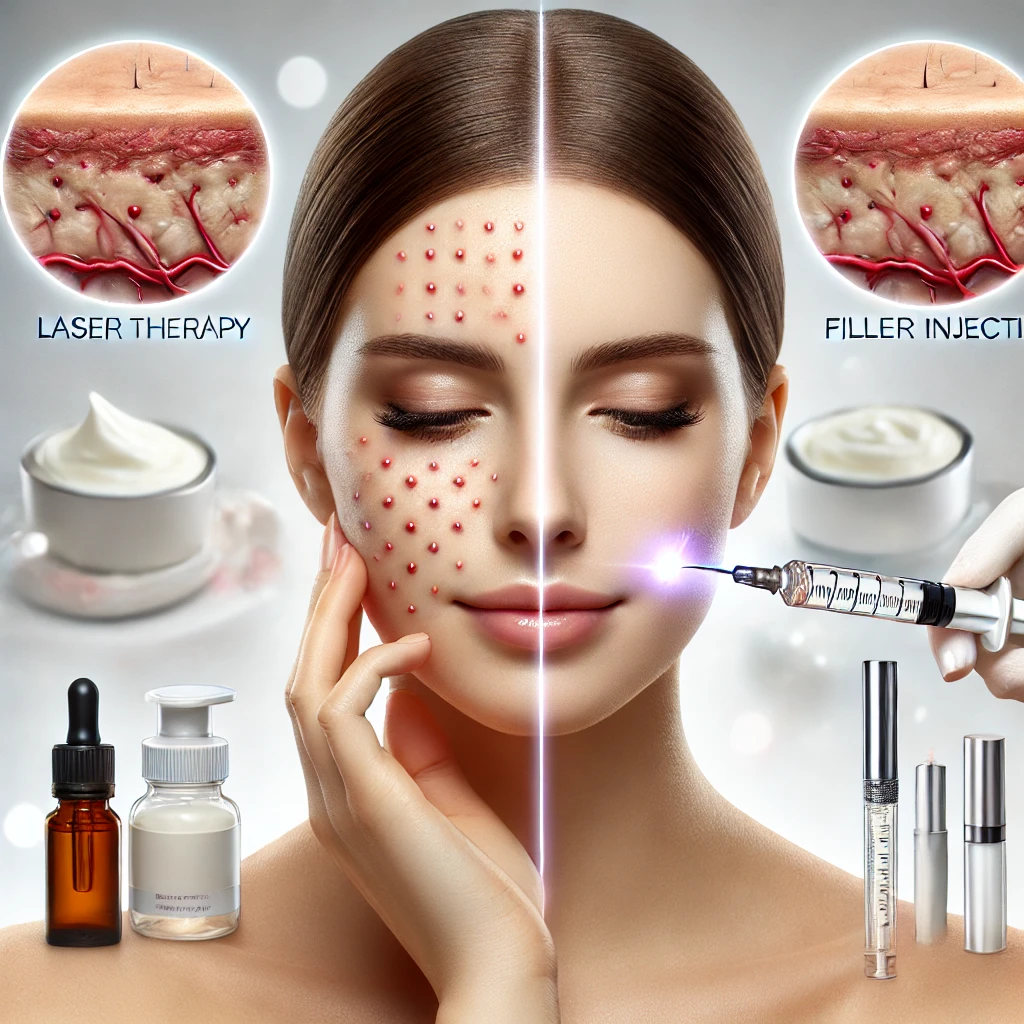 여드름 흉터 제거 시 레이저 치료와 필러 주사를 받는 얼굴