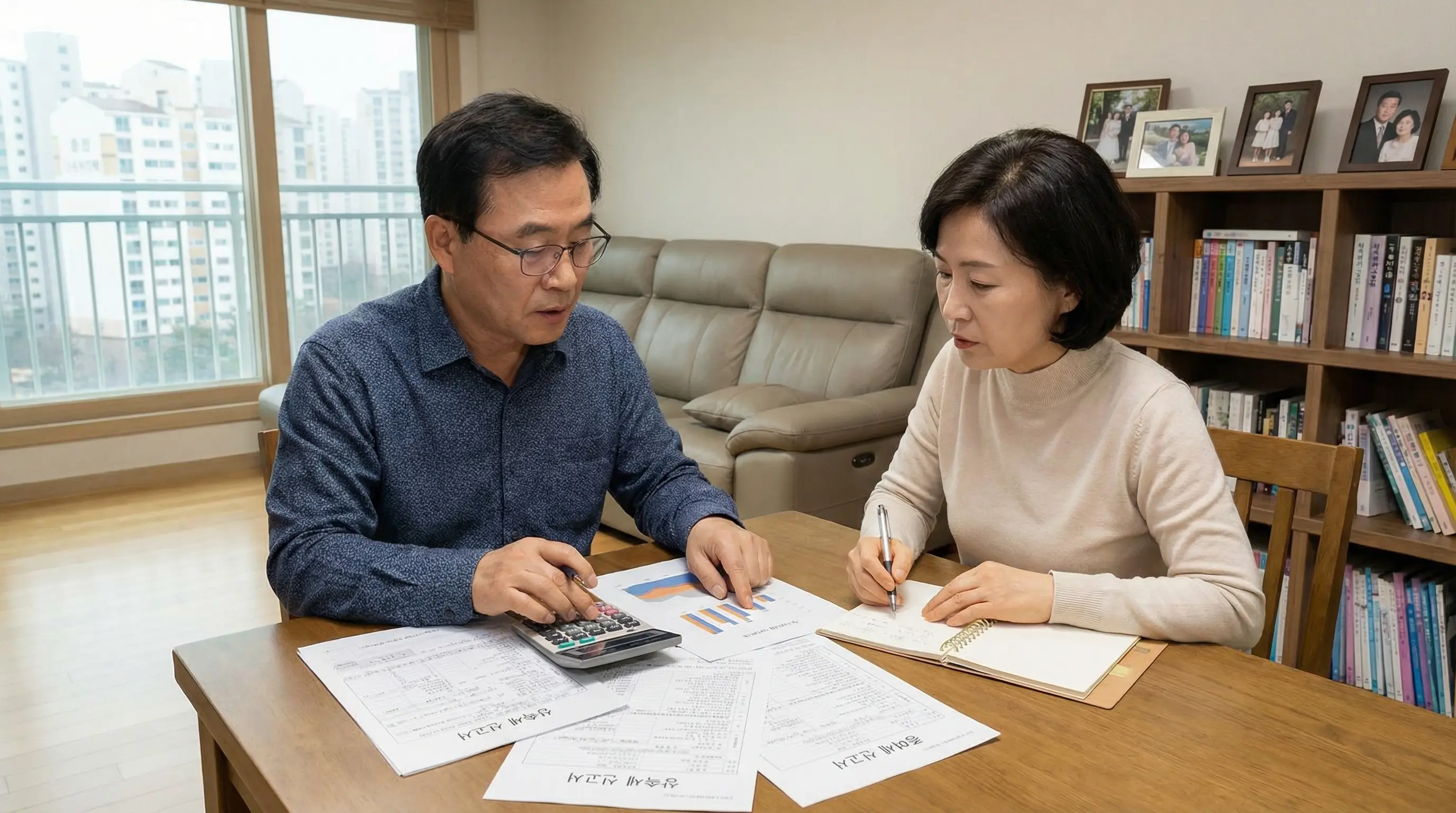 한국인 중년 부부가 거실 테이블에서 상속과 증여 관련 서류를 펼쳐놓고 계산기로 세금을 비교하며 진지하게 상의하는 모습