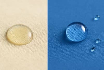 수분을 흡수하는 면 원단과 물방울이 맺힌 속건성 합성 원단의 비교