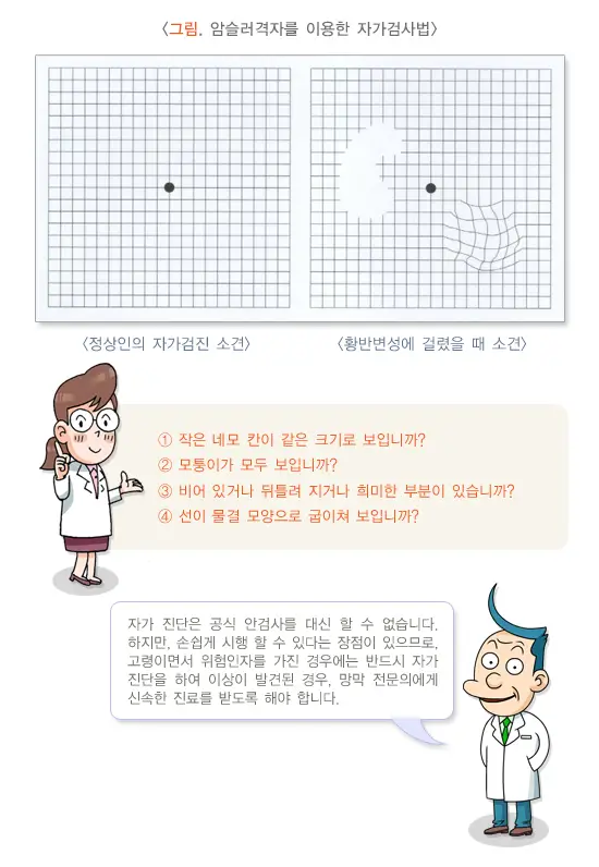 황반변성 자가 테스트, 원인 종류 증상 예방 치료방법
