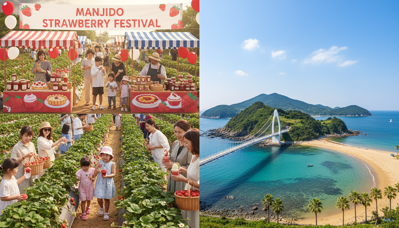 2026년 삼례 딸기축제의 활기찬 모습과 만지도의 푸른 바다 및 출렁다리가 조화롭게 어우러진 풍경. 달콤한 축제와 평화로운 섬 여행을 동시에 보여주는 이미지.