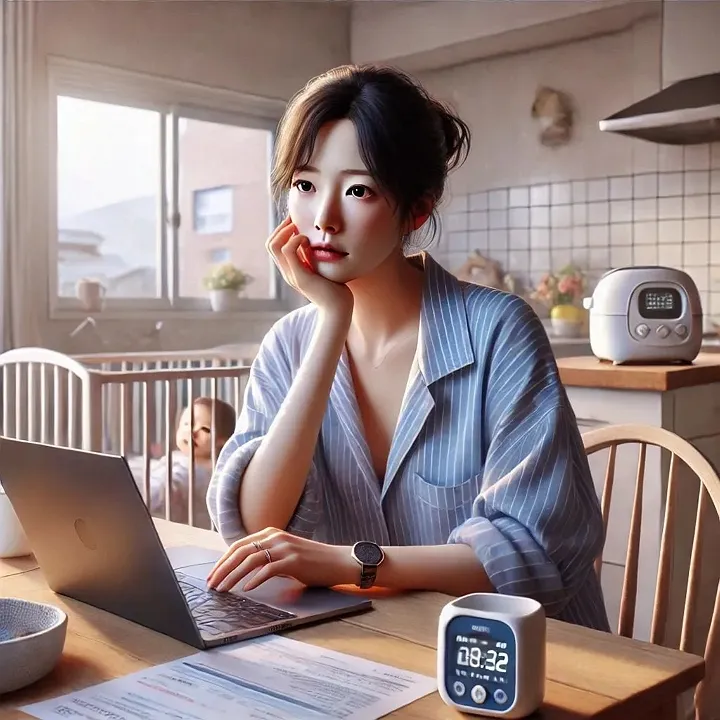육아와 일을 병행하며 퇴사를 고민하는 워킹맘의 모습