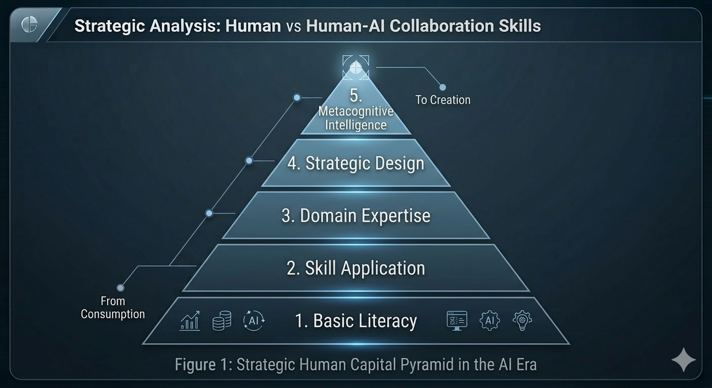기초 리터러시부터 메타 인지 지능까지 단계별로 정리된 AI 시대 핵심 역량 구조도.