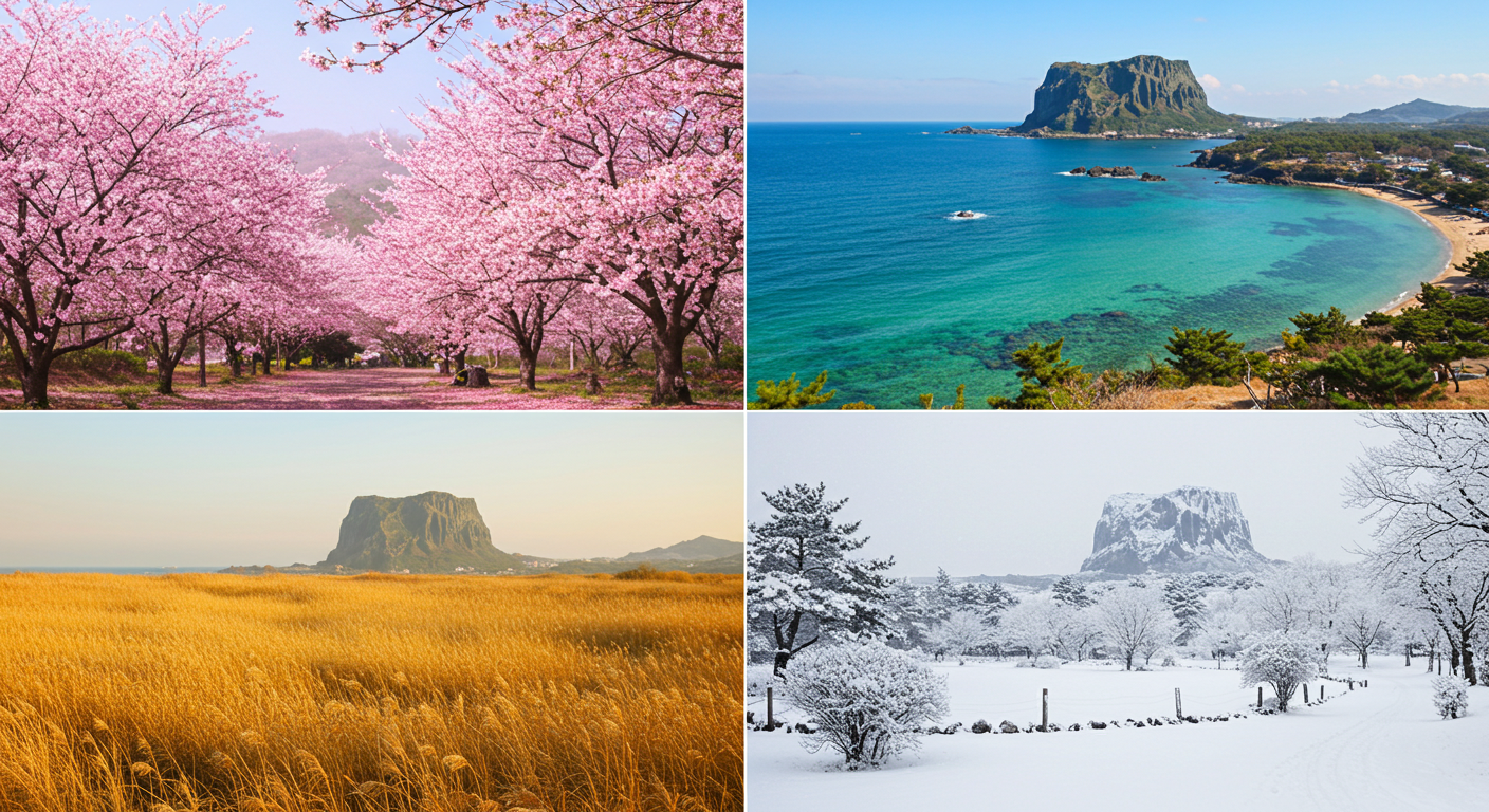 제주도의 사계절 풍경을 담은 콜라주 이미지 (봄 벚꽃, 여름 바다, 가을 억새, 겨울 설경)