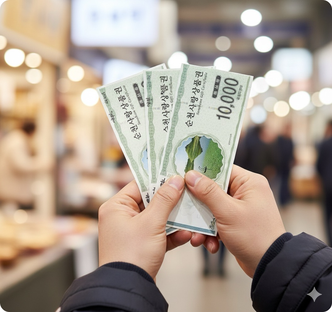 순천사랑상품권 1만원권 여러 장을 들고 있는 손.