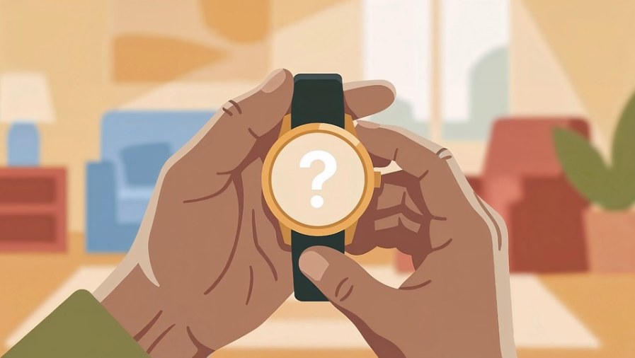 손목시계를 보며 기억력 저하를 걱정하는 노인의 일러스트, 치매 예방과 타우린 효능 관련 정보