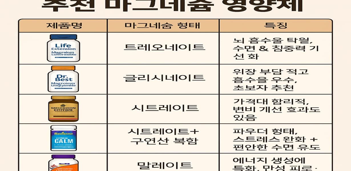 다양한 마그네슘 보충제 제품과 형태, 특장점을 비교한 인포그래픽 표 이미지
