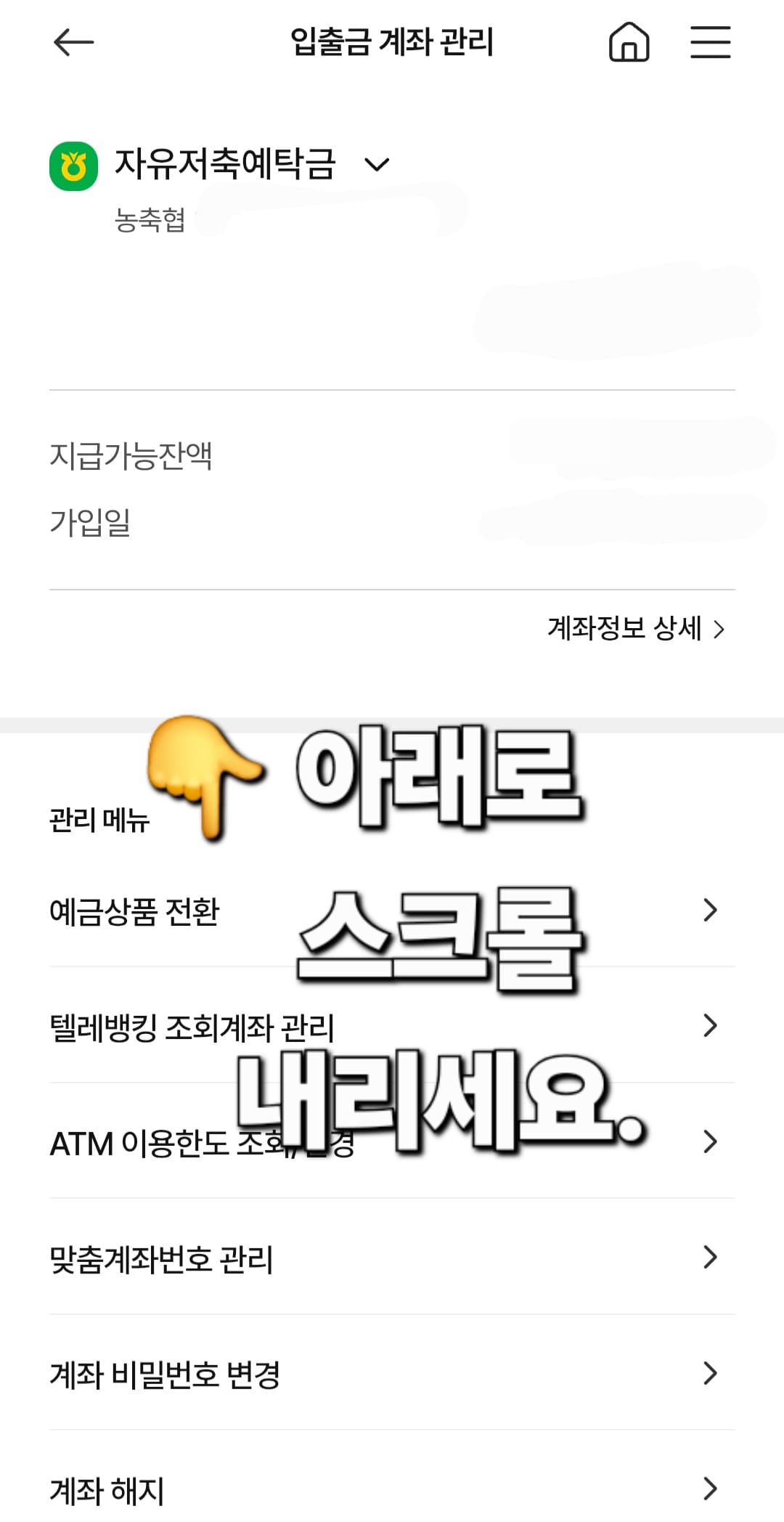 농협-통장사본-모바일-발급-방법-안내-해당-계좌의-상세-정보가-보이는-입출금-계좌관리-페이지로-이동합니다.-이-페이지에서-지급가능잔액,-가입일(계좌-개설일)-등-기본-정보가-나오는데요.-페이지를-아래로-쭉-스크롤하면