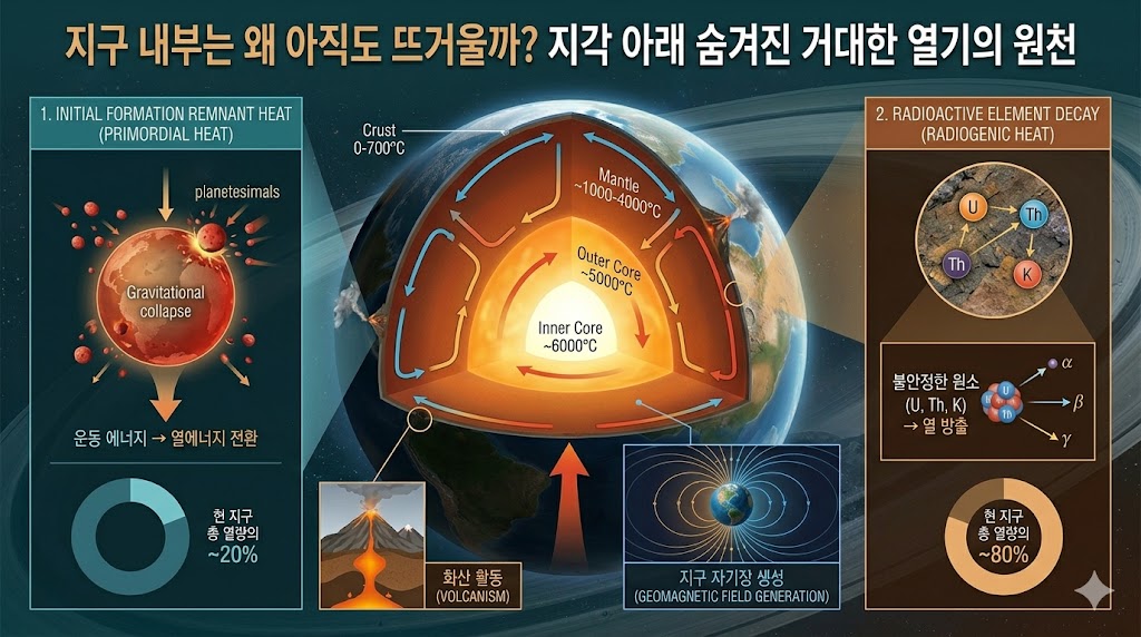 지구의 내부 구조를 나타내는 층상 구조도(지각, 맨틀, 핵)와 맨틀이 고체 상태임을 보여주는 그림