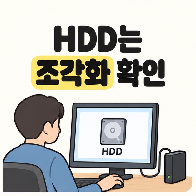 HDD는 조각화 확인 문구 아래 사용자가 외장 하드가 연결된 컴퓨터에서 HDD 그림과 글자를 확인하는 모습