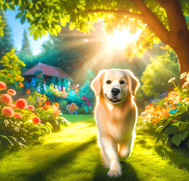 하얀 강아지가 정면으로 걸어온다. 주변엔 나무와 예쁜 곷들이 가득 핀 시골 주택이 있다.