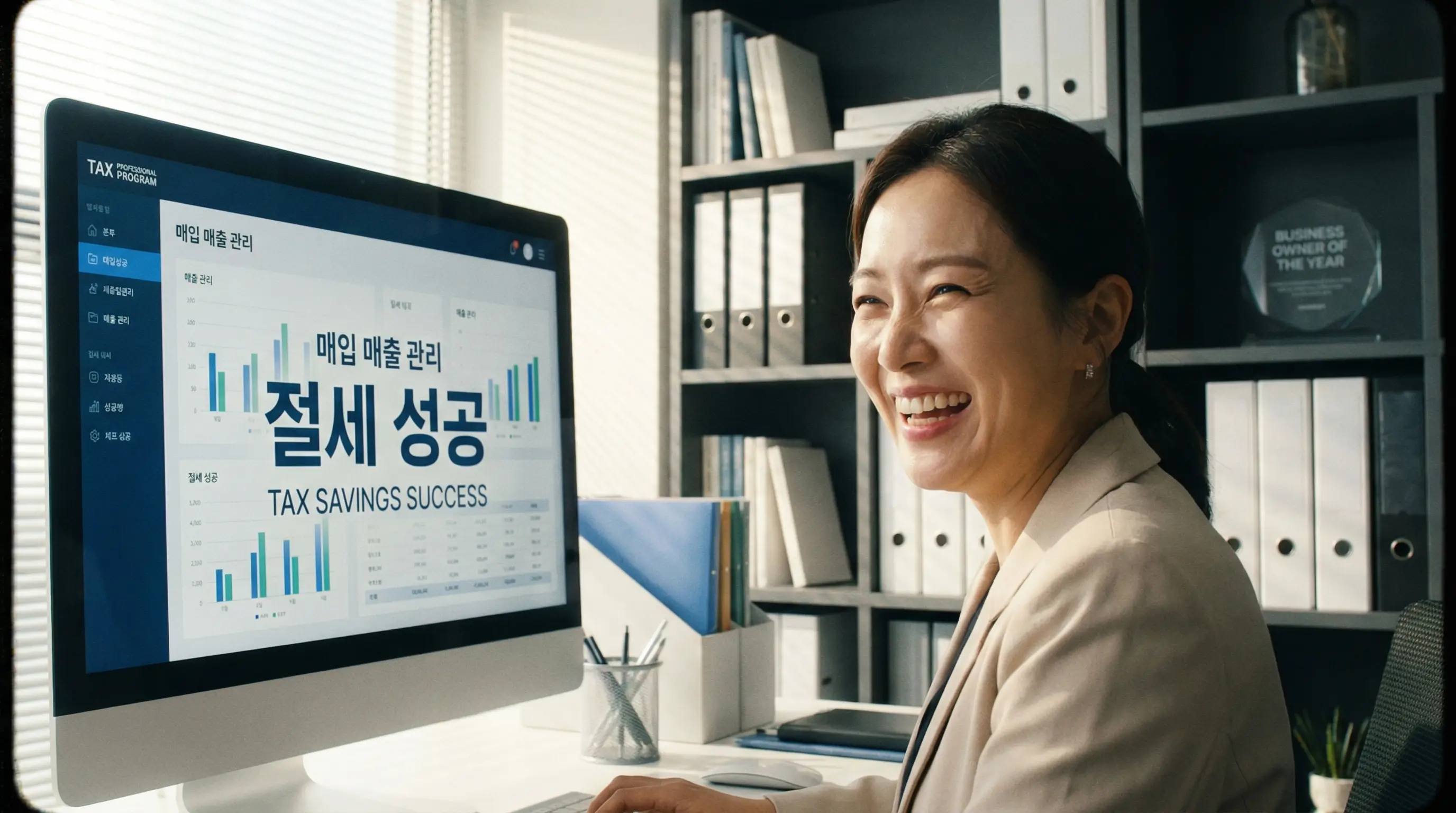 전문적인 세무 프로그램으로 매입 매출을 관리하고 절세에 성공하여 웃는 사업자의 모습