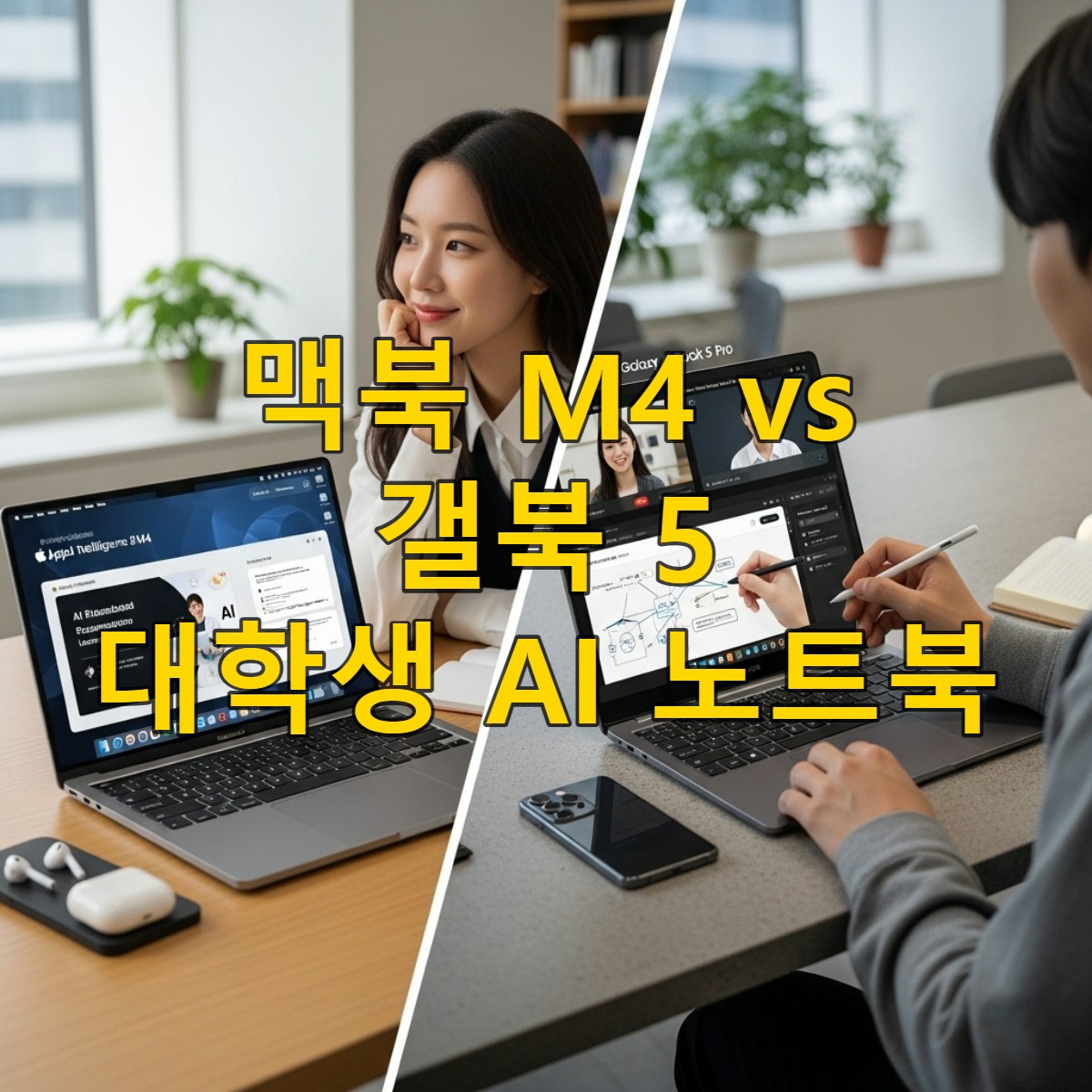 2025년 한국 대학생의 노트북 선택: 맥북 에어 M4와 갤럭시 북 5 프로를 나란히 비교하며 AI 학습 기능을 사용하는 모습
