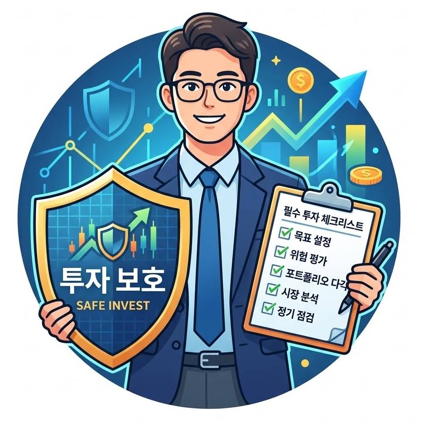 방패와 체크리스트를 들고 서 있는 한국인 투자자 캐릭터
