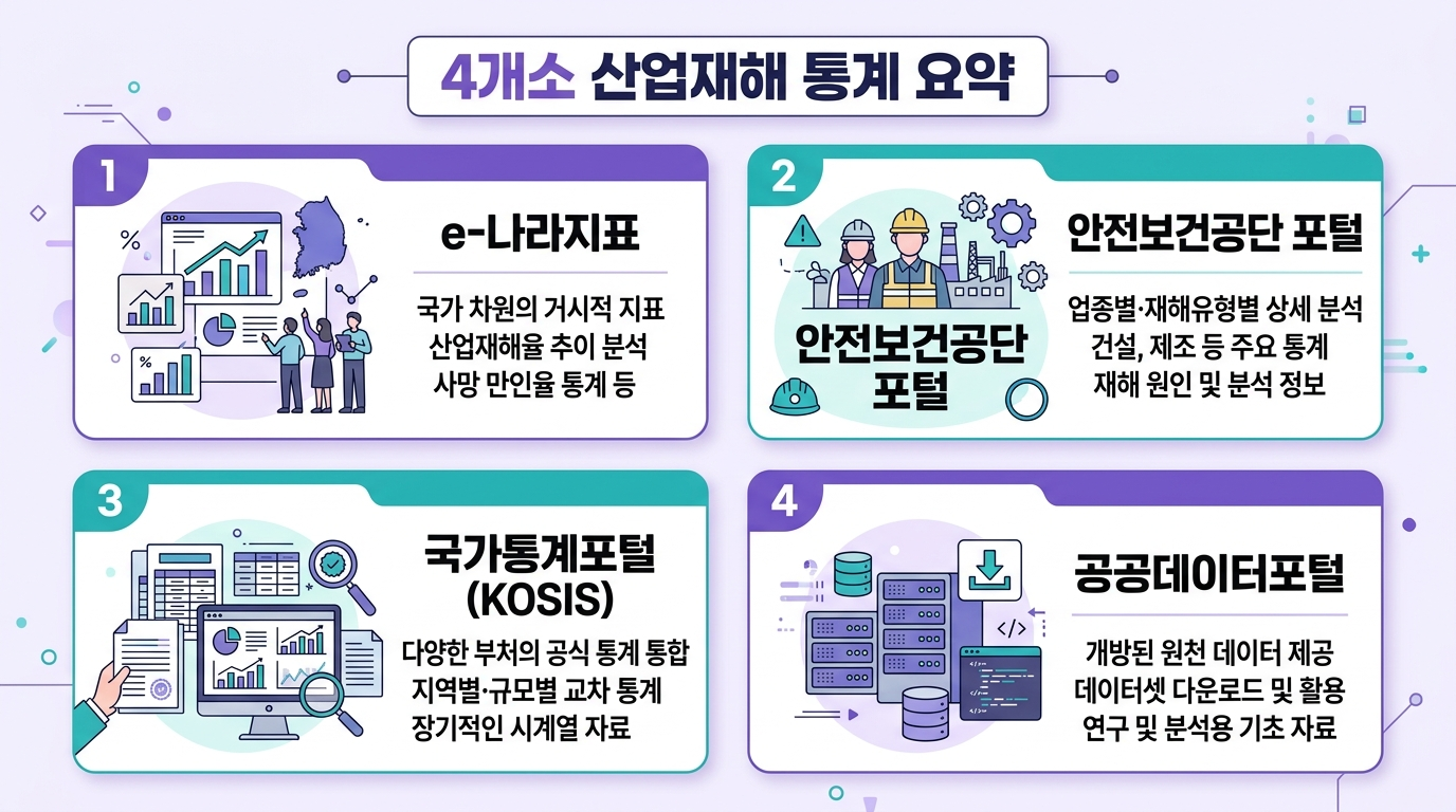산업재해 통계를 제공하는 4개 출처를 비교한 인포그래픽
