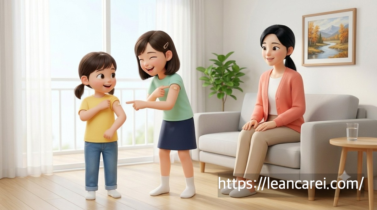 독감 예방접종 후 팔에 붙인 밴드를 서로 보여주는 초등학생 자매와 엄마