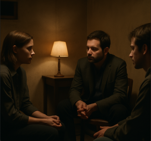 밀실 공간에서 대화 중인 사람들