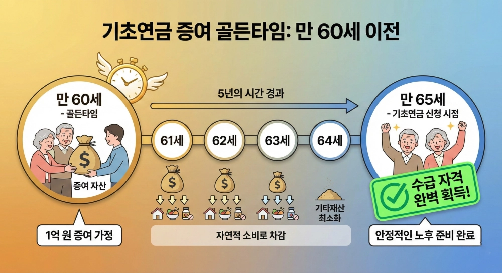 기초연금 수급을 위한 자녀 증여의 최적 시기(골든타임)가 만 60세 이전임을 설명하는 인포그래픽. 만 60세에 1억 원을 증여했다고 가정할 때, 5년 동안(61세~64세) 매달 자연적 소비로 인해 증여된 기타재산이 차감되는 과정을 타임라인으로 보여줍니다. 최종적으로 만 65세 기초연금 신청 시점에는 기타재산이 최소화되어 수급 자격을 완벽하게 획득하고 안정적인 노후 준비를 완료할 수 있음을 시각적으로 나타냅니다.