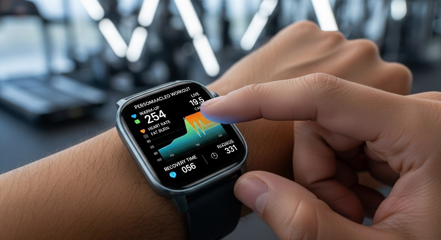 스마트워치로 AI 기반 운동 코칭을 받는 사람의 손목. 시계 화면에 개인 맞춤형 운동 데이터가 표시되어 있다.