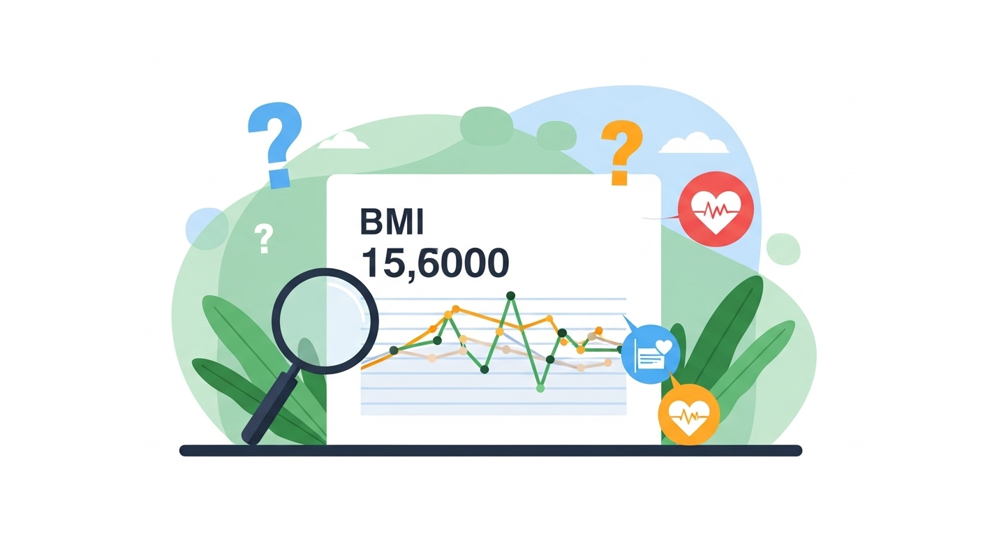 BMI 수치가 포함된 차트 주변에 돋보기, 질문 마크, 다양한 건강 데이터 요소가 있어 BMI를 넘어선 종합적인 건강 평가의 중요성을 암시하는 추상적인 이미지.