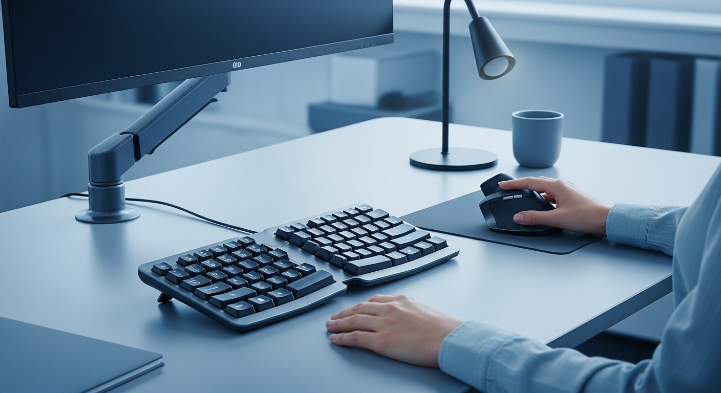 초보자를 위한 인체공학 키보드, 버티컬 마우스, 모니터 암으로 구성된 현대적인 사무실 데스크 환경.