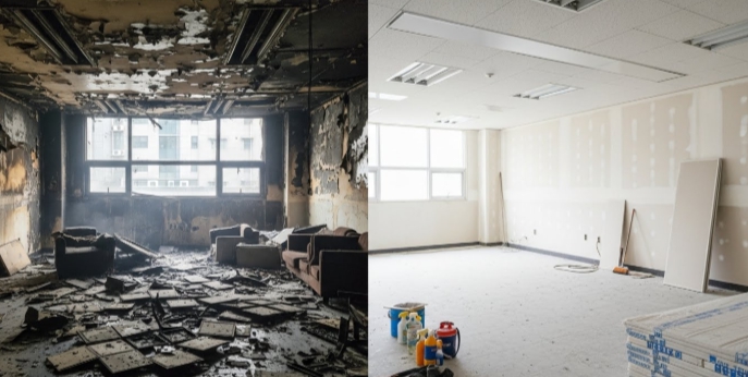 상가 화재 청소 후 복구중