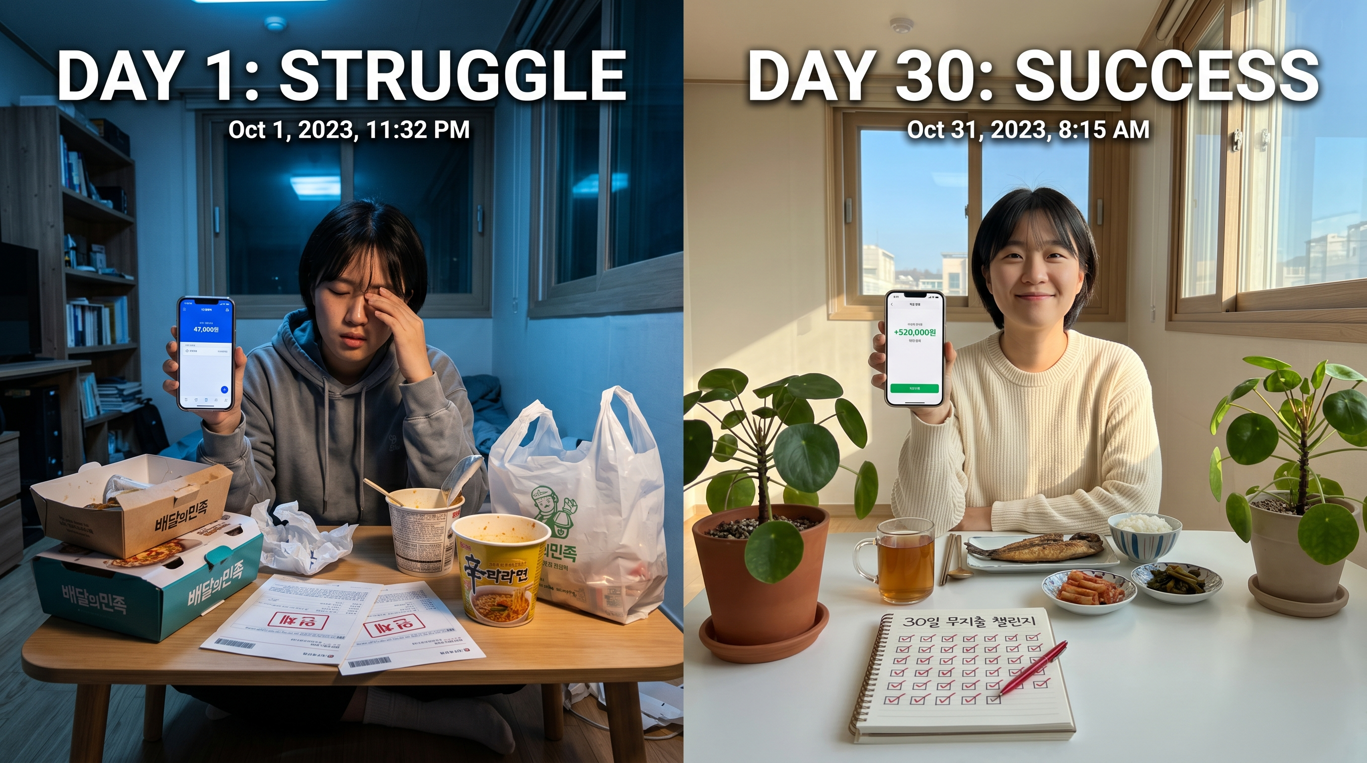 30일 무지출 챌린지 도전 중 가계부를 쓰며 절약 금액을 확인하는 모습과 집에서 직접 준비한 도시락, 한 달에 52만원 아낀 솔직한 후기