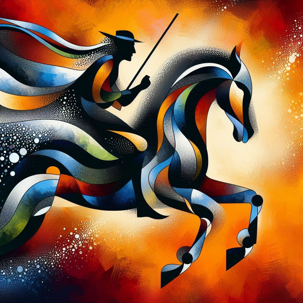 추상적 음악가와 말, 강렬한 색채 대비, 조각난 형태, 다시점 표현, 169 비율2
