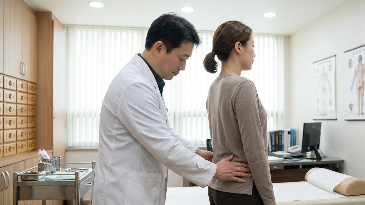 한의사가 서 있는 환자의 골반 높이를 양손으로 확인하는 모습