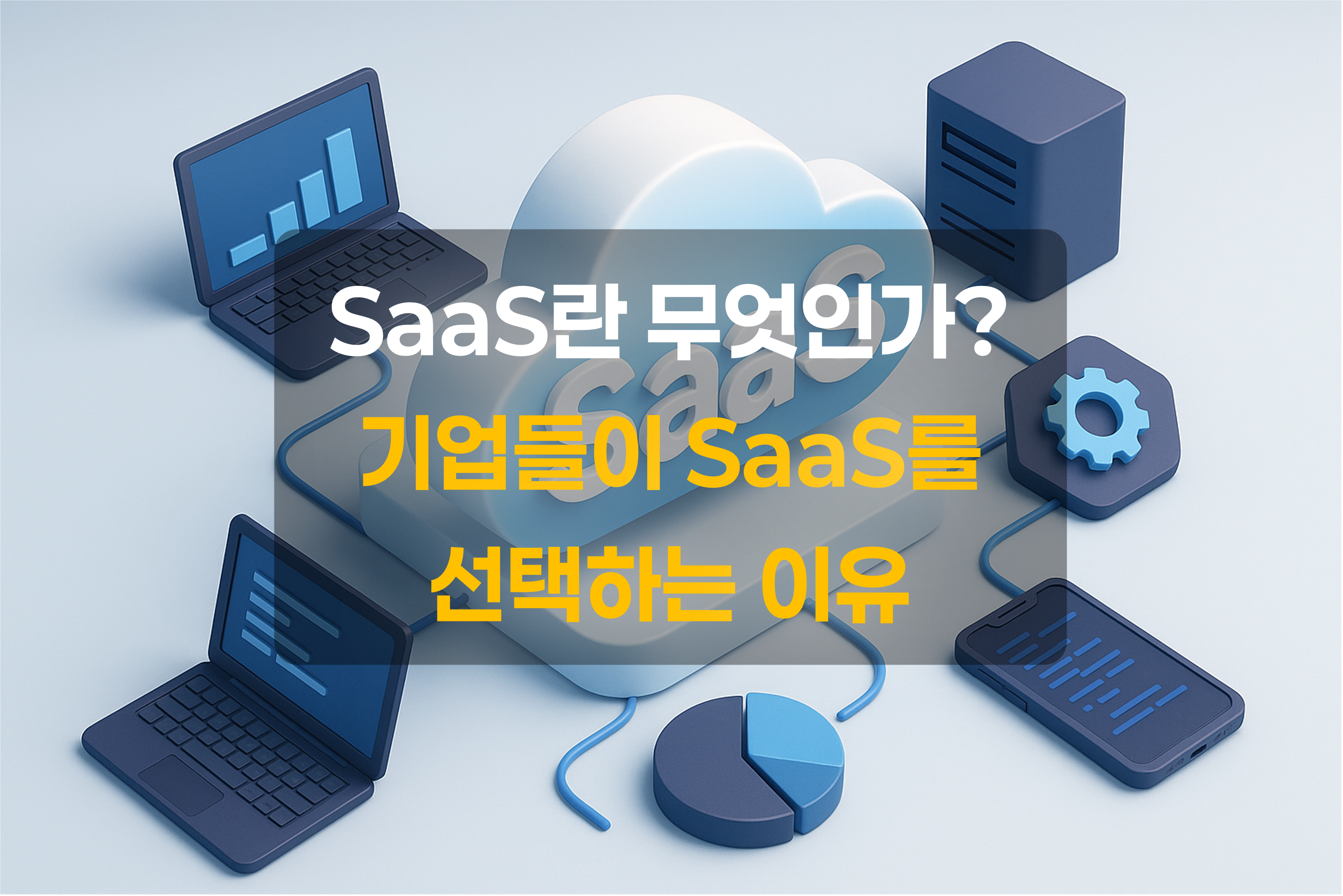 SaaS를 표현하는 클라우드와 IT 기기들이 연결된 모습과 이를 설명하는 텍스트를 포함한 그림